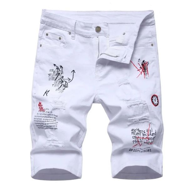 Erkekler Yaz Beyaz Yırtık Denim Şort Erkek Delikleri Kısa Kot Moda Sokak Giyim Streç Kot Şort Pantolon Srtaight Fit Jeans 240412