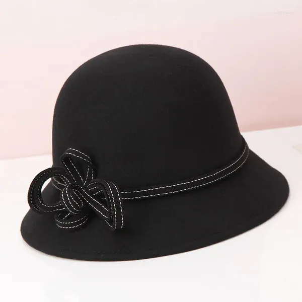 Boinas H295 Lady Wool Felt Fedoras Hat Women Autumn Winter Fashion British Retro Woolen Basin Cap fêmea de cor sólida cloche