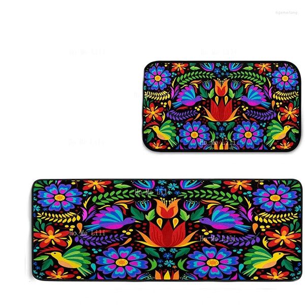 Tappeti colorati di uccelli floreali etnici messicani motivi scuri e brillanti tappeti da cucina in flanella non slip morbidi esterni