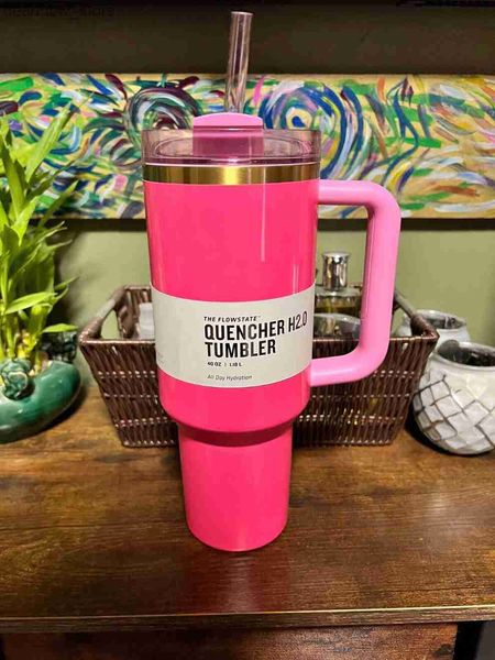 Wasserflasche Pink Parade Co-Branded Black Chroma mit 1 1 H2.0 40 Unzen Flecken Stahl Tumbrs Tassen mit Silikonhanddeckel Strohwegstangen Water Botts US-Lagerbestand