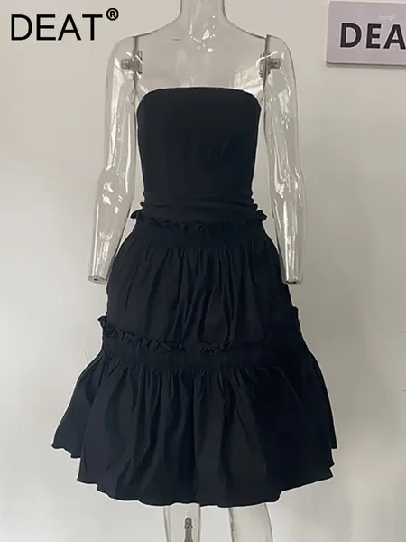 Lässige Kleider Frauen schwarze elegante Rüschen Midi Kleid trägerloser ärmelloser A-Line Party Fit Fashion Tide weiblich Sommer 2024 13LP472