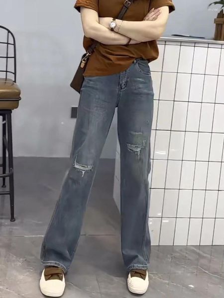 Женские джинсы Y2K Груш-формовка прямой ноги самка 2024 весна жира MM Большой размер высокий талия шоу тонкая узкая версия широких брюк