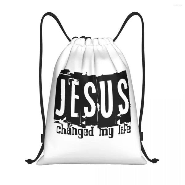 Bolsas de compras Customes Jesus mudou minha vida Mulheres de cordão de ginástica de ginástica esportiva leve Backpack de armazenamento de ginástica esportiva