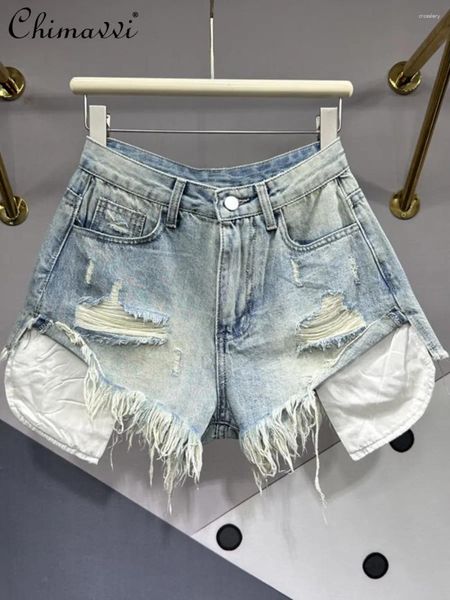 Frauen Jeans Mädchen A-Linie Weitbein Hosen Sommer Kleidung vielseitige Mode schlampe Löcher Fransen Burr Split Denim Shorts