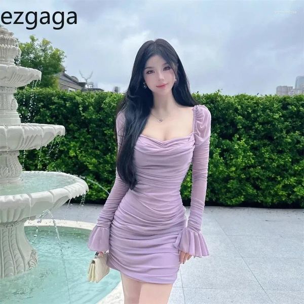 Vestidos casuais ezgaga elegante gola quadrada flare slave de manga longa moda de outono estilo francês chique vestido sexy sexy temperamento