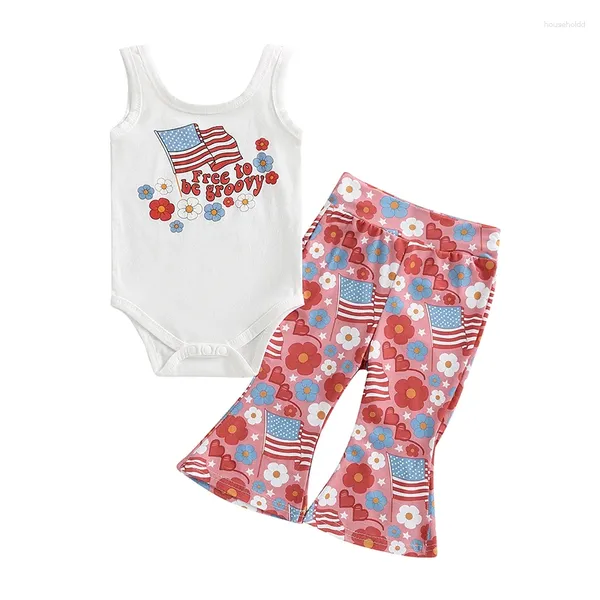 Set di abbigliamento 2024 0-24m NAMBINI BAMBINI Lettere senza maniche estate Stampare pagliaccetto con pantaloni di bagliori della bandiera floreale per il Giorno dell'Indipendenza