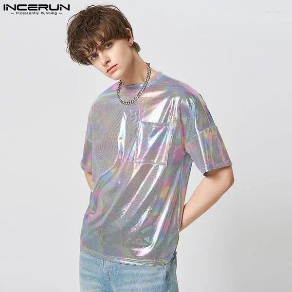 Herren T-Shirts Incerun Männer Hemd glänzend O-Neck Kurzarm Streetwear Lose Sommer 2024 lässige Camisetas Taschen Fashion Party T-Shirt Tops