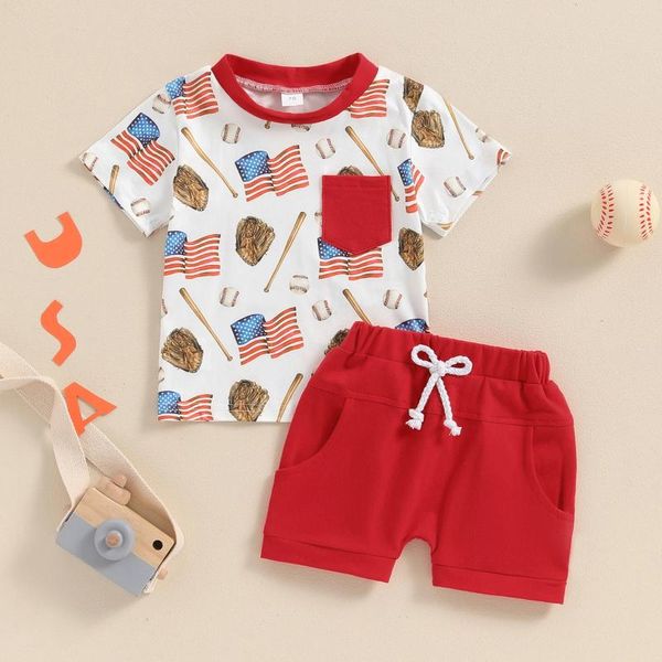 Kleidung Sets FocusNorm 2pcs Kleinkind Baby Jungen Kleidung für Independence Days Kurzarm Baseball Handschuhdruck Tops Shorts 0-3y