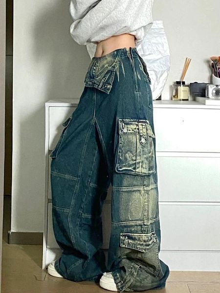 Kadınlar kot pantolon retro amerikan artı boyutlu yıkama tulumları kadın y2k cadde punk flanging tasarım düz gevşek geniş bacak damla pantolon