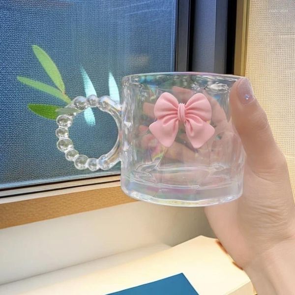 Canecas pequenos estilo copo de vidro de vidro feminino chá de flores criativo pérola manusear grande orelha de café colorido leite de alta beleza