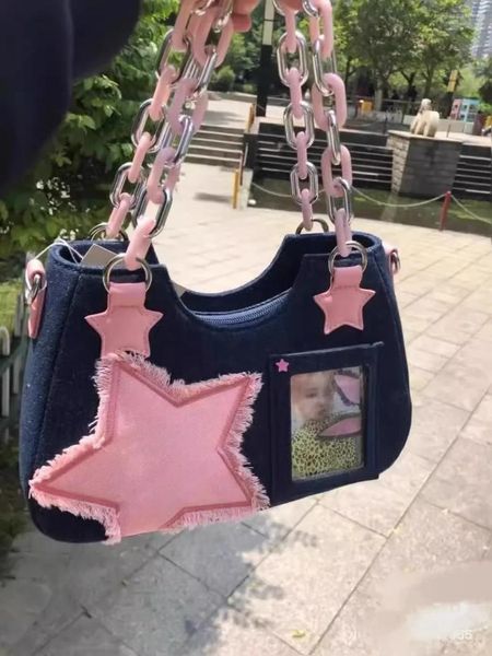 Sagnose da scuola in denim coreano Pink Star Patchwork Y2K catena a meno azzimico cravatta per spalla Streetwear Handbag Casual Sweet Girl Girl Itabag