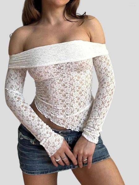 Magliette da donna da donna femmina a maglietta sexy spalla t-shirt maniche lunghe pizzo arricciata top top fit che usciva camicetta bianca y2k