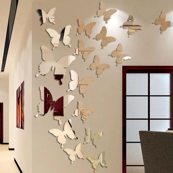 12pcslot 3D Butterfly Mirror Wandaufkleber Aufkleber Decal Art Abnehmbare Hochzeitsdekoration Kinderzimmer 240410