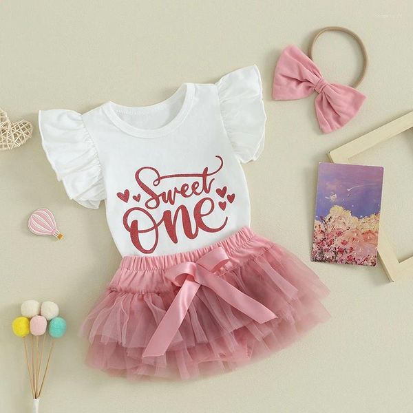 Set di abbigliamento per bambine outfit estivi per lettere rampatori ed elastici elastici galla in tulle set di abbigliamento di compleanno carini abiti da compleanno