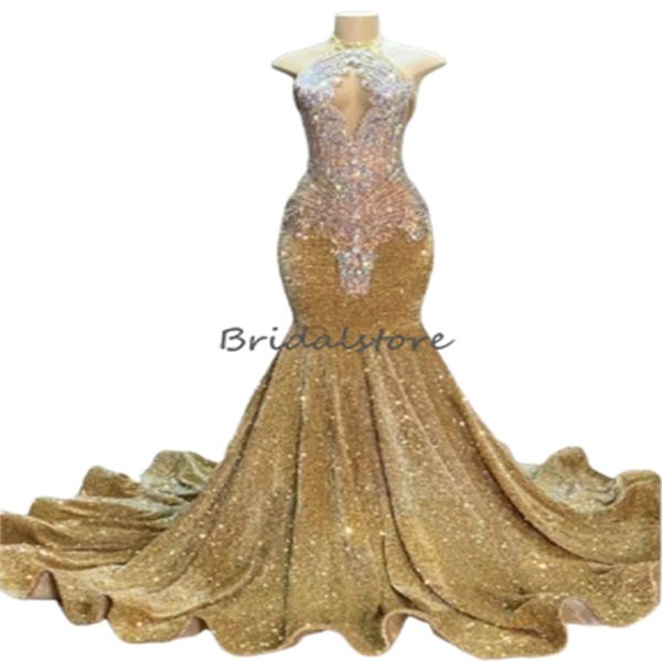 Vestidos de baile de ouro do brilho para meninas negras Mermaid Luxury Lantejadão de noite 2024 plus size size aso ebi ocasião formal vestido diamante baddies festas de aniversário vestidos de desgaste