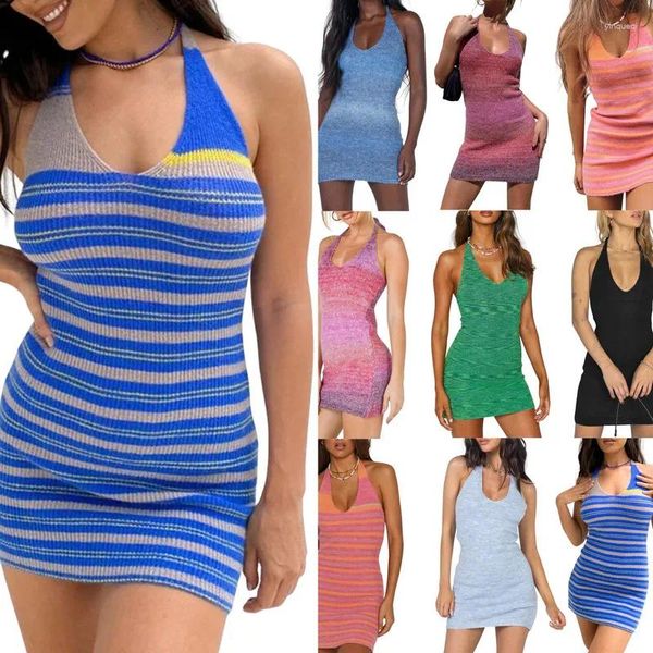 Abiti casual Wpnaks Donne Abito Halter Abito estivo Abiti estivi 2024 Stripe senza maniche/gradiente/colore a forma di U al collo a U Solido club sexy