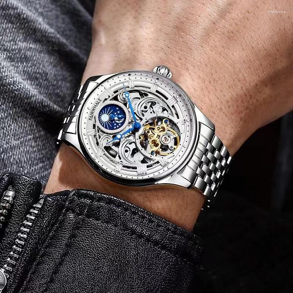 Armbanduhren Luxus hohle Automatik Mann Watch Vintage Moon Phase Mechanische Uhren für Männer Edelstahl Tourbillon Runde Reloje