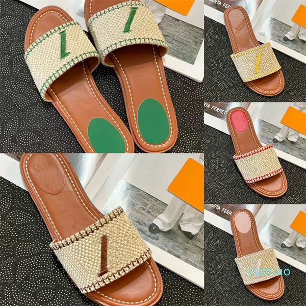 Designer sandálias planas chinelas de luxo lineador feminino bordado border sandal moda chinelo letra chinela de verão praia slide Ladies Low Heel Shoes 35-41