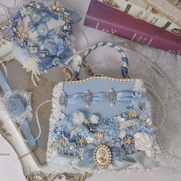 Sacchetti da sera da donna ragazza lolita borse vintage satchel fiori imitazione imitazione perla spalla a tracolla crossbody coda di lussuoso nastro blu blu blu blu