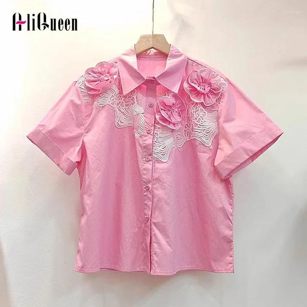 Blouses feminina Mulheres de verão Doce rosa de manga curta Flores bordadas Apliques Camisa Camisas listradas coreanas listras