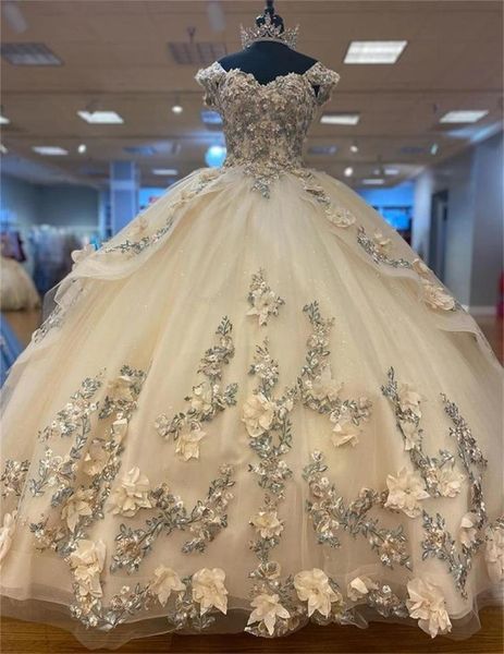 Шампанское кружево с плеча платья Quinceanera Sweet 16 Ball Hone