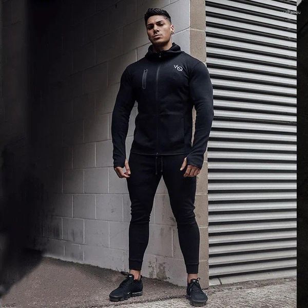 Herren Trailsuits Männer Tracksuit Black Sportswear Cotton Reißverschluss Cardigan Hoodie Hosen Set Fitness -Training Bodybuilding Fitness