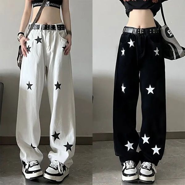 High Street Star Print White Black Jeans Womens Denimhose Korean modische Streetwear Y2K Kleidung Kleidung High Taille 240417
