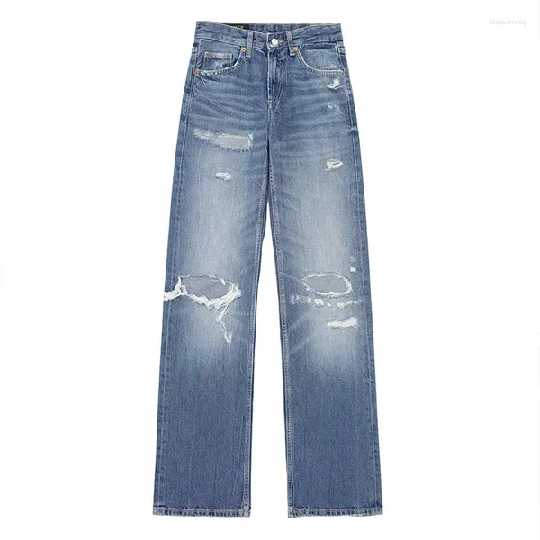 Jeans feminino Moda de cor sólida calça solta gradiente gradiente de streetwear casual calça de calça quebrada decorada