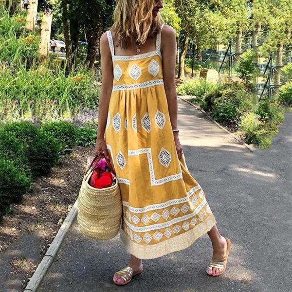 Vestidos casuais férias grandes mulheres imprimem vestido de praia de verão maxi swing strap boho feminino sexy vestido para mujer