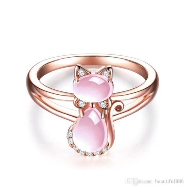 Drop Rose Gold Farbe niedliche Katzen Tier CZ Ross Quarz Crystal Pink Opal Ringe Schmuck Ganz für Frauen Girls76598298151480