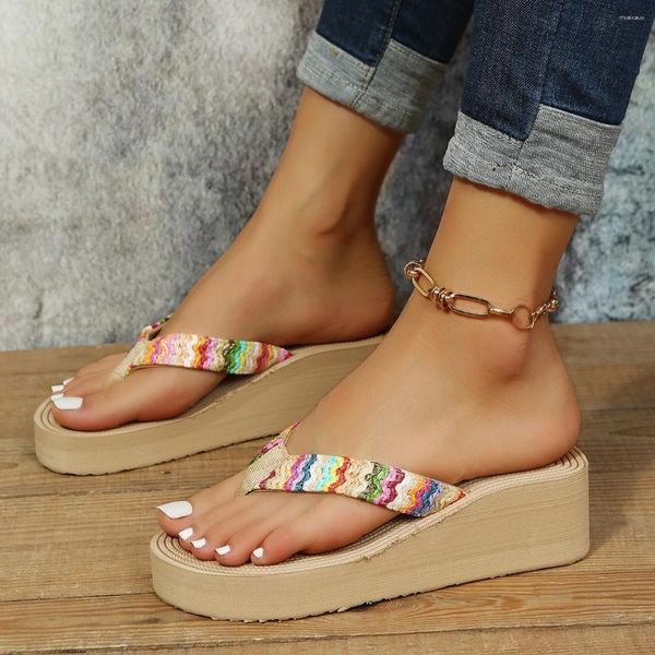 Hausschuhe Frauen Sommerplattform Schuhe für Folien im Freien Strandkeile Ladies Flip Flop Bohemian Style Sandalen