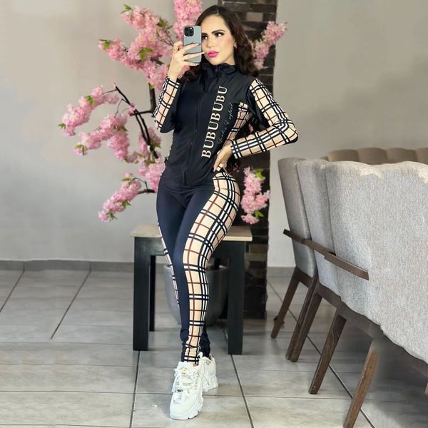 Frauen Sportbekleidung 2024 neuer Designerplaid-Print-Schriftzug Frauen Luxus-Strickjacke Top Joggshose 2-teilige Set