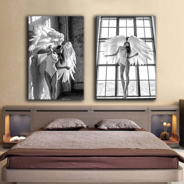 Moda Modeli Angel Wings Duvar Sanat Kanavları Baskılar Siyah ve Beyaz Seksi Bayan Boyama Sıcak Kız Fotoğraf Poster Duvar Resimleri Yatak Odası Dekoru