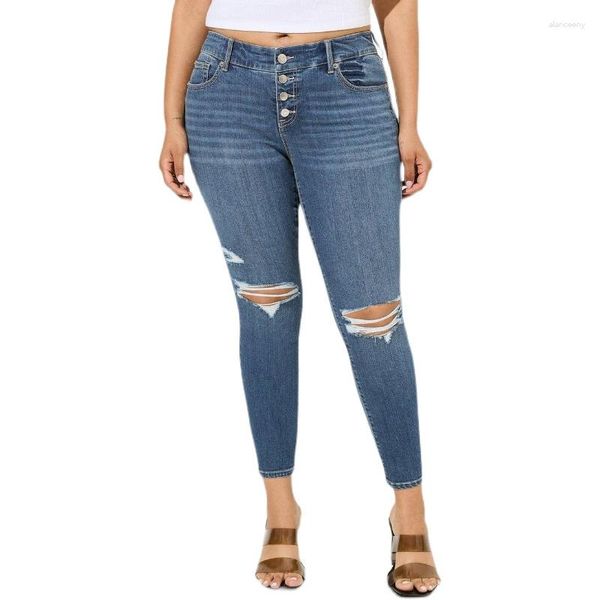 Jeans femminile 100,10 kg 25,00 kg più dimensioni grasso ragazza ad alta vita elastico slim fit slinging strappato alla caviglia strappato