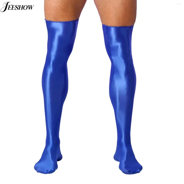 Herrensocken 1 Paar Herren öliger glänzender Oberschenkel hohe Strümpfe Feste Farbe Stertchy Glossy über dem Knie -Long Cosplay -Kostümzubehör