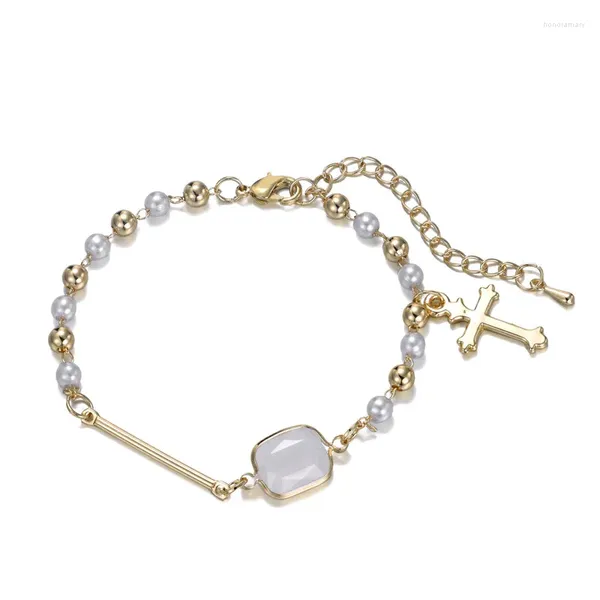 Bracelets de charme Luxury Square Opal Golden Cross Charms Women Women Gold Metal Metal Breads Pearl Chain Bracelet 2024 Jóias