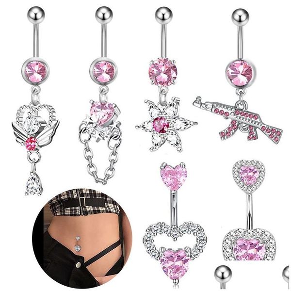 Navelglockenknopf Ringe Bauch baumeln Frauen Sommer rosa Kristallfarbe Zirkonstern Liebe Herzpistolenkette Edelstahl Piercing Bo dhvjq