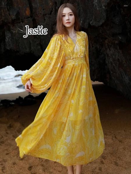 Abiti casual Jastie 2024 Spring Autumn Giallo Stampa della spiaggia per donne Vestite lunghi per le vacanze a V-Neck Lantern Boho Vestidos