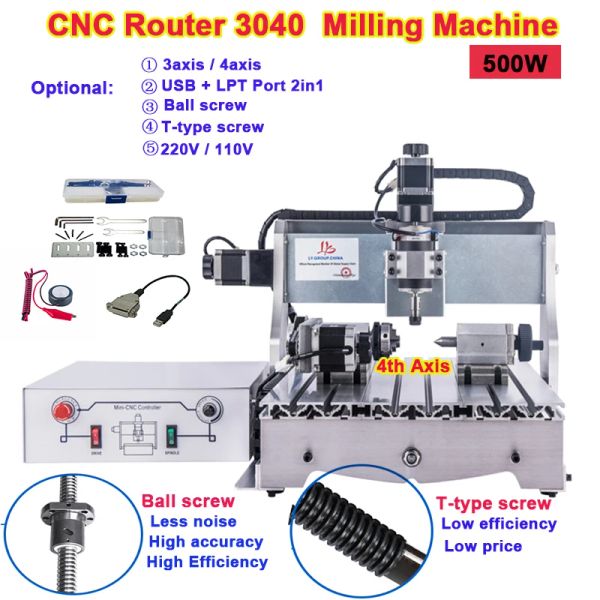 500W Ekonomik Pratik LY CNC Yönlendirici 3040 Mach3 LPTAD USB 2IN1 Gravür Makinesi 3axis/4 Eksen PCB Freze Kesici Z/T Vidası