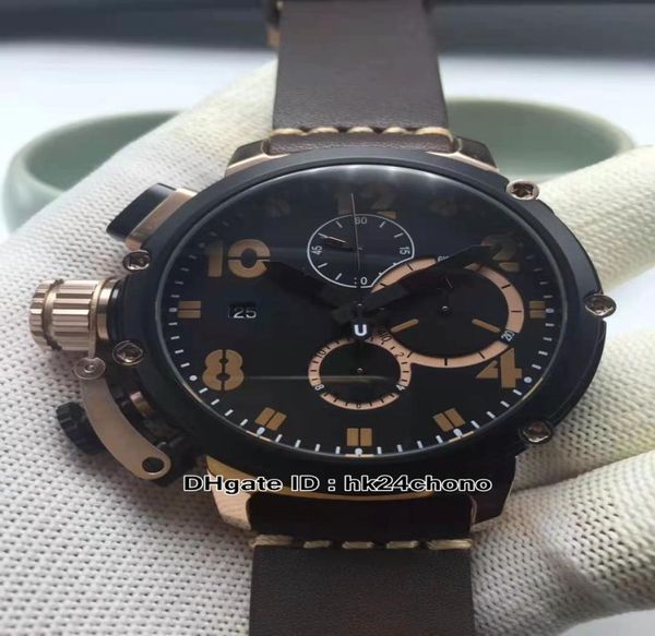 Nuovo quadrante nero U51 U51 50mm Quartz Chronograph Mens Watch Chimera Bronze 7474 PVD Black Steel Case in cinghia di pelle Gents Sportwatch1333821