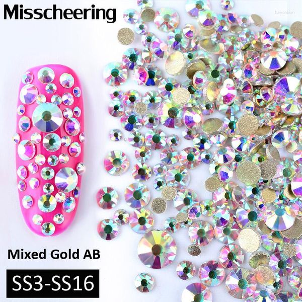 Decorações de arte na unha 1pack misto (SS3-SS16) Cristal AB Rhinestones Non Fix Glitter Gold Flatback Glass Manicure Acessórios