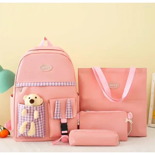 Mochila Kawaii Bolsa de ombro Crianças Primárias Escola de quatro peças Conjunto de mochilas de bonecas de urso para estudantes