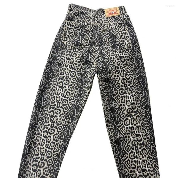 Frauen Jeans Leopard gemustertes Druck Breite Bein für Männer Männer Retro Streetwear Jeanshose mit Hopfentaschen Reißverschluss