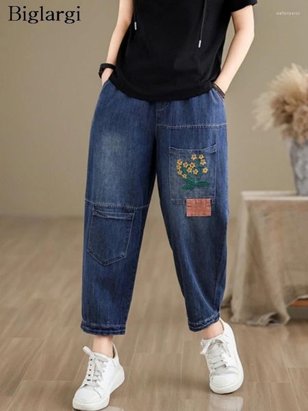 Jeans feminino Flor de verão Bordado Mulheres da calça solta Moda presa casual calça calças elásticas da cintura alta