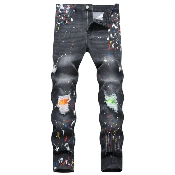 Мужские джинсы Европа стиль модная бренда дыра мужской брюки скинни стройной байкер джинсовый дизайн черного растяжения для мужа Большой размер 40 1151