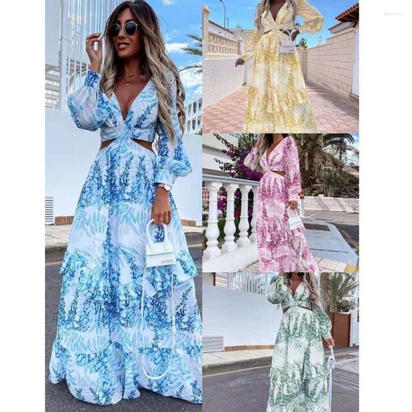 Lässige Kleider Amazon Mode Street Street Damen Wear Frühling lang gedrucktes V-Ausschnitt-Ärmel Elegantes Kleid Frauen