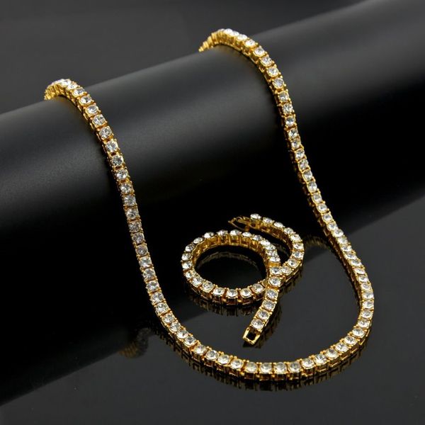 Hip Hop 1 Row Bling Tennis Chain Bracelet Set Set Mens Lady Gold Silver Black Simulet Diamond Dewelry307f