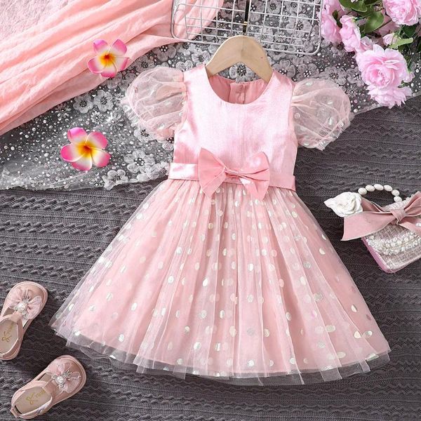 Mädchenkleider Sommer 2024 Ankunft Girls Kurzpuffarm Schärpe Bogenpunkt rosa Infantil Menina Süßes Partykleid Custum 0-2t