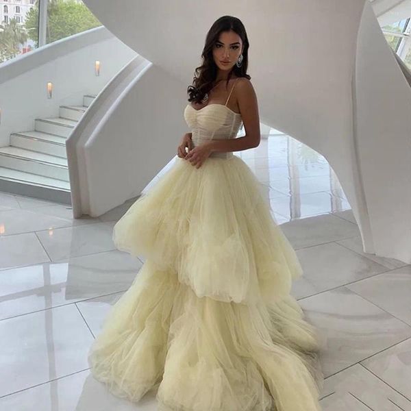 Vestidos de festa amarelo espaguete com correias de baile elegantes bagunos de tule tule mulher 2024 zíper sem costas