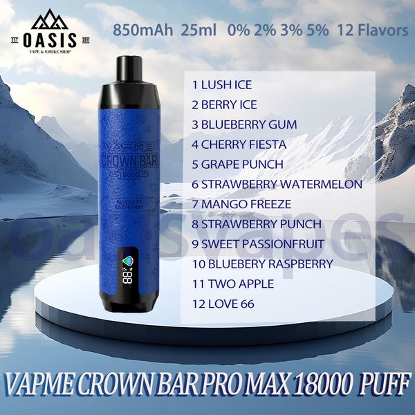 Autêntico VapMe Crown Bar Pro Max 18000 Puff Disponível E Cigarros Puffs 18k 25ml Pen de vape líquido preenchido 850mAh Rechargeable le vaporizador de bateria 12 sabores